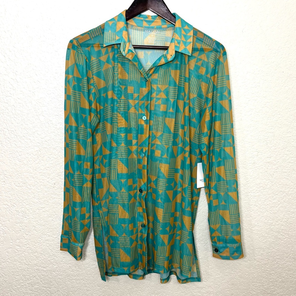 Nia Lynn Collection Sheer Mesh Long Sleeve Button Down Top Geo Print Size M